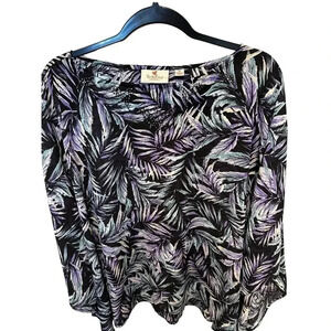 Quacker Factory Women's Embellished Black Palm Print Caftan Shirt Size XL